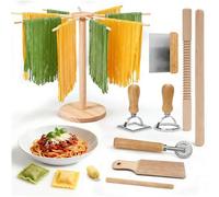Pasta Making Tools 9 Pcs with Pasta Drying Rack, Threaded Rolling Pin, 2 Rolling Pins, Gnocchi Board, Dough Cutter, Wheel Cutter, 2 Ravioli Stamps,Pasta Making Kit Accessories for Home