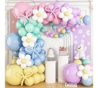 Pastel Balloon Arch,Daisy Balloon Garland Kit,Macaron Pink Yellow Blue Purple Bow Latex Rainbow Balloons with 18/12/5 Inch Different Sizes for Boho Girls Birthday Party Baby Shower Flower Decor