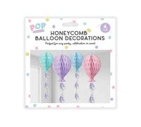 Pastel Balloon-Shaped Honeycomb Hanging Decorations - Pack of 4 - Tissue Paper Party Decor with Iridescent Tassels
