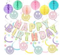 Pastel Birthday Decorations - Happy Birthday Banner with Honeycomb, Smiles Hanging Swirl Streamer, Circle Dot Garland Decorations - Pastel Rainbow Birthday Party Decorations for Girls Boys