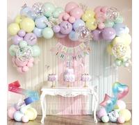 Pastel Birthday Decorations, Pastel Party Decorations Set with Happy Birthday Banner, Macaron Rainbow Color Latex Confetti Balloons, Sash, Cake Topper for Kids Girls Women Party Supplies