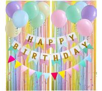 Pastel Birthday Party Decoration Backdrop,Pastel Tinsel Curtain,Balloons, Happy Birthday Banner and Buning for Spring Pink Birthday ,Baby Shower Ice Cream Party Decorations for Girls and Women