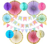 Pastel Birthday Party Decoration, Macaron Happy Birthday Paper Party Decoration for Girl Woman with Happy Birthday Banner Bunting Hanging Paper Fans, Girls Women Pastel Birthday Honeycomb Decoration