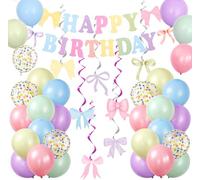 Pastel Birthday Party Decorations Set, Includes Pastel Latex Balloon, Colorful Confetti Balloons, Happy Birthday Banner, Bow Banner, Hanging Swirls for Women Easter Wedding Party Decoration