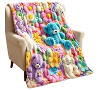 Pastel Blanket - Floral Bear Design, Soft Flannel Throw, Warm Home Decorati | Floral Bear Blanket - Pastel Flannel Throw, Soft Warm Bedding, Home Decor, Sofa Cover, Decorative Bedroom Bla