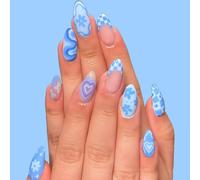 Pastel Blue and White Floral Checkered Heart Wavy Nail Tips Set - 24Pcs Long Stiletto Almond Press On False Nails with Translucent Solid Glossy Finish for Women Trendy Manicure Social Events Easy