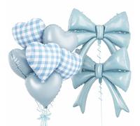 Pastel Blue Bow Balloons & Checkered Heart Foil Balloon Set, Coquette Birthday Decor with Light Baby Blue Plaid Heart Balloon for Bow Birthday Bachelorette Baby Shower Gender Reveals Party Decorations