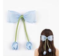 Pastel Blue Hair Clip With Large Satin Bow - Two Tulip Bud Ribbons Secure Medium Thick Hair For Women Girls, Spring Summer Decorative Accessory, Lightweight French Barrettes, Floral Motif Non-Slip
