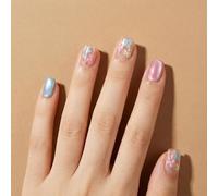 Pastel Blue Pink Floral Daisy Metallic Square Nails - Reusable Short False Press On Artificial Nails For Women With Gold Accent Dots, Winter Holiday Early Spring Manicure Design Glossy Translucent