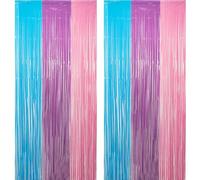Pastel Blue Purple Pink Party Streamers Birthday Backdrop - GREATRIL Foil Fringe Curtain Photo Backdrop for Unicorn/Mermaids/Ocean/Sea/Frozen/Princess Party Decorations