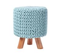 (Pastel Blue) Tall Knitted Cotton Footstool with Tripod Wooden Legs