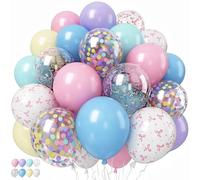 Pastel Bow Balloons Macaron Rainbow Balloon Birthday Decorations, 55 Pcs 12 In Pastel Colorful Pink Bows Print Balloons Blue Purple Yellow Confetti Balloon for Kids Girls Princess Easter Bridal Shower