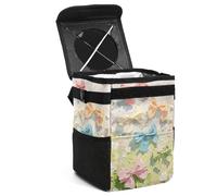Pastel Bow & Cherry Blossom Impasto Pattern Multi-Pocket Car Trash Can, Waterproof Oxford Fabric Bin with Lid for Car Organization