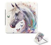 Pastel Butterflies and White Horse Magnifying Mirror, 1x/2x Square Cosmetic Mirror, Pu Leather Portable Mini Make Up Handheld Mirrors, Handbag Accessories Small Mirrors, Uni Gifts, Gadgets for Women