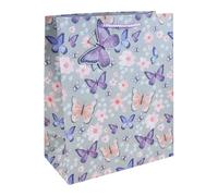 Pastel Butterfly Large Blue Gift Bag 33cm - Extra Large Paper Present Bag with Lilac Handles & Butterfly Name Tag