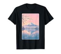 Pastel Cherry Blossom Landscape Snowy Mountain Reflection T-Shirt