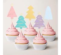 Pastel Christmas Tree Cupcake Toppers - 12 PCS Colorful Xmas Tree Decorations for Cupcakes, Cakes, Desserts, Winter Holiday Birthday or Baby Shower Party Supplies
