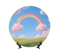 Pastel Cloud with Rainbow Sky Bone China Decorative Plate,10in（25cm） Ceramic Decorative Plates with Display Stand,Ceramic Ornaments Art Porcelain Plate for Home Office Wall Decor Collections Plates