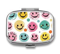 Pastel Color Happy Face Pill Box - 2 Compartment Travel Pill Organizer with Small Mirror, Portable Pillcase for Pocket & Purse, Cute Square Medicine Case, Weekly Medicine Container