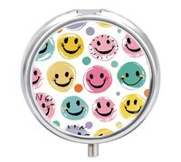 Pastel Color Happy Face Pill Box 3-Compartment Travel Pill Organizer Portable Round Medicine Case with Mirror Design for Vitamins, Jewelry & Essentials Durable Pocket Pillbox for Purse, Camping