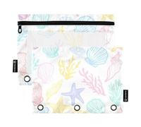 Pastel Colored Seashells Coral White Pencil Pouch 3 Ring Binder Pen Pencil Bag Zipper Binder Office School Clear Binders Pockets Crayon 9.8" x 7.1", 2 Packs