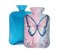 Pastel Colorful Butterfly Flowers Hot Water Bottle with Cover, 2L PVC Hot Water Bag for Pain Relief, Hand Foot Warmer, Hot & Cold Therapy with Removable Cover, Gift for Women Kids Family