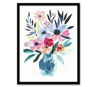 Artery8 Pastel Colour Boho Spring Flower Bouquet in Vase Living Room Artwork Framed Wall Art Print A4