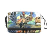 Pastel Drawing of Chickens Double Layer Cosmetic Bag for Women and Girls, Travel Toiletry Bag Makeup Handy Pouch Organiser Bag with Brush Compartment