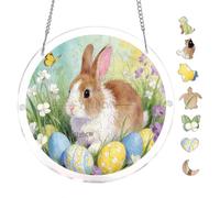 Pastel Easter Bunny Butterfly Scene 7.8x7.8Inch Round Acrylic Hanging Puzzle | Creative Home Accent with Visual Appeal