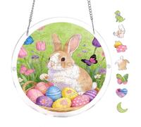Pastel Easter Bunny Spring Garden 7.8x7.8Inch Round Acrylic Hanging Puzzle | Creative Home Accent with Visual Appeal