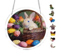 Pastel Easter Bunny Tulips Eggs Floral 7.8x7.8Inch Round Acrylic Hanging Puzzle