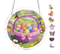 Pastel Easter Egg Basket Floral Garden 7.8x7.8Inch Round Acrylic Hanging Puzzle