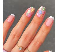 Pastel Floral French Tip Press On Nails - 24Pcs Colorful Daisy Flower Acrylic Stick On Nails with Square Shape Design - Vibrant Spring Manicure for Parties or Daily Wear