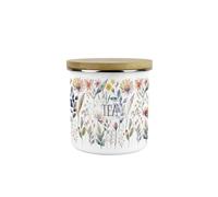 Pastel Flowers Tea Storage Canister - Pretty Watercolour Floral Homewares Gifts - White Metal Enamel Medium Sized Kitchen Food/Drinks Storage Container