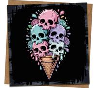 Pastel Goth Skull Ice Cream Cone Greeting Card, 145mm x 145mm Square, Black Art Birthday Halloween Alternative, Blank Inside, Includes Kraft Envelope