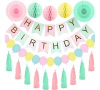 Pastel Happy Birthday Banner Girls Birthday Decorations Pastel Rainbow Honeycomb Balls Paper Balloon Garland Fan Paper Tassel Garland by RichMoho