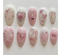 Pastel Heart & Bow Press On Nails With Pearl Rhinestones - 24PCS Almond French Tip False Nails For Women Romantic Valentine's Day Wedding Glossy Shimmer Manicure Set Soft Pink White Designs