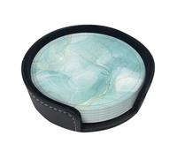 Pastel Mint Green Marble,Set of 6 Round Coasters, Pu Leather Drinks Coasters with Holder for Home Office Kitchen