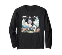 Pastel Patchwork Lighthouse Seaside Cottage Scene Long Sleeve T-Shirt