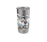 Pastel Patchwork Lighthouse Seaside Cottage Scene Stainless Steel Insulated Tumbler
