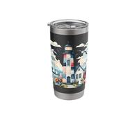 Pastel Patchwork Lighthouse Seaside Cottage Scene Stainless Steel Insulated Tumbler