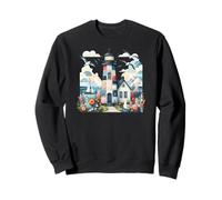 Pastel Patchwork Lighthouse Seaside Cottage Scene Sweatshirt