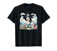 Pastel Patchwork Lighthouse Seaside Cottage Scene T-Shirt