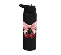Pastel Pink Bow with Double Cherries Cute Aesthetic Stainless Steel Insulated Water Bottle