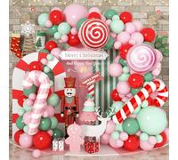 Pastel Pink Christmas Balloon Garland Arch Kit, Red Pink Green Balloons Candy Cane Peppermint Foil Balloons for Christmas Birthday Baby Shower Decorations Xmas Candyland Nutcracker Party Decoration