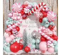 Pastel Pink Christmas Balloon Garland Arch Kit, Red Pink Green Snowflake Balloons Candy Cane Peppermint Foil Balloons for Christmas Birthday Baby Shower Decorations Xmas Candyland Nutcracker Party