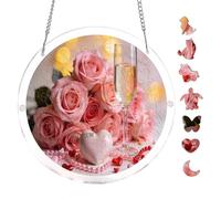 Pastel Pink Rose Champagne Heart Design Round Acrylic Puzzle 7.8x7.8inch Hanging Wall Decor Romantic Home Decoration Mindful Hobby Relaxing Indoor Pastime Adult Puzzle Tabletop Art