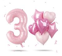 Pastel Pink Self Inflating Number 3 & Baby Pale Pink Heart Star Balloons - 40'' Giant Infant Mylar Balloon Decor for Wedding, Anniversary or Party Celebration