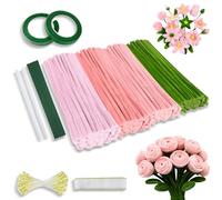 Pastel Pipe Cleaners for Craft Flowers, 400Pcs Pipe Cleaners for Crafts Flowers Chenille Stems DIY Flower Making Kit, with Floral Wires, Gardening Tape, Stamen & Ribbon, for DIY bouquet Craft (Pink)