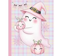 Pastel Plaid Ghost Composition Notebook: A Cute Kawaii Halloween Journal for Girls and Teens featuring a Pink Ghost with a Witch Hat and Pumpkins - 110 Wide Ruled Pages